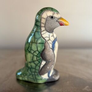 Vintage Ceramic Penguin Figurine Green Yellow Blue Decorative Bird Sculpture